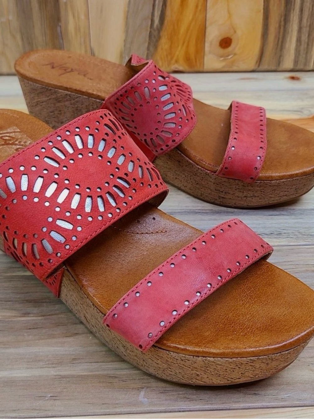 Naya Coral Laser-Cut Double-Strap Wedge Sandals